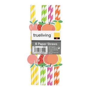 Trueliving 8 Pack Paper Straws Fruit Striped Multicolored Party Beverage Favor